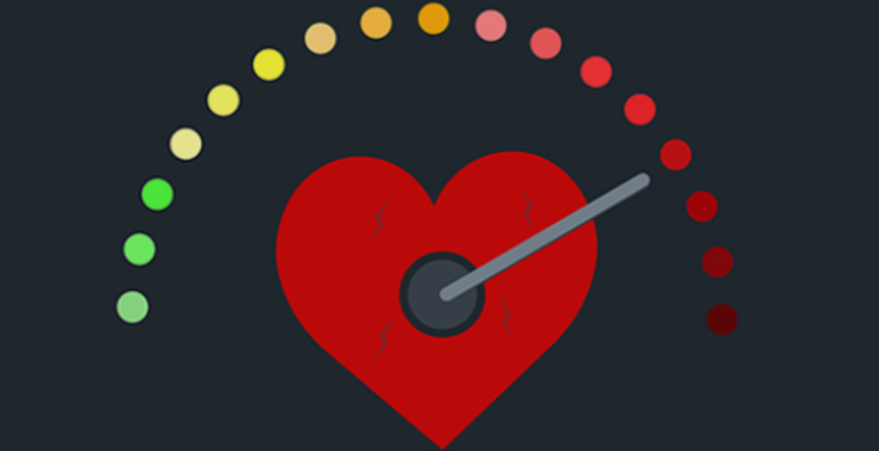 A dial with a heart in the center, the dial hand pointing to a red zone, indicating high stress.